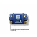 Blue battery and its packaging with 'LYON Battery' branding on a white background