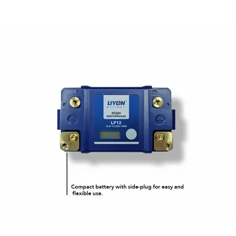 Blue battery and its packaging with 'LYON Battery' branding on a white background