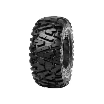 Off-road tire with prominent tread pattern on a white background