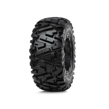 Off-road tire with prominent tread pattern on a white background