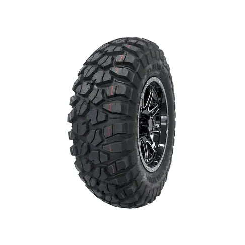 Off-road tire with a black tread pattern on a white background