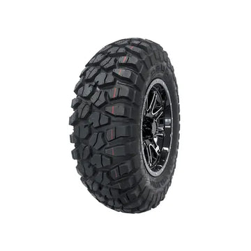 Off-road tire with a black tread pattern on a white background