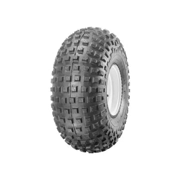 Off-road tire with tread pattern on a white background