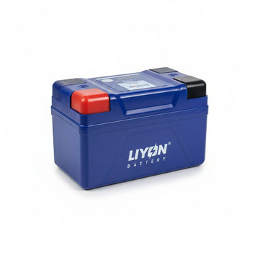 Blue battery with red top on a white background, featuring the LIYON Battery brand.