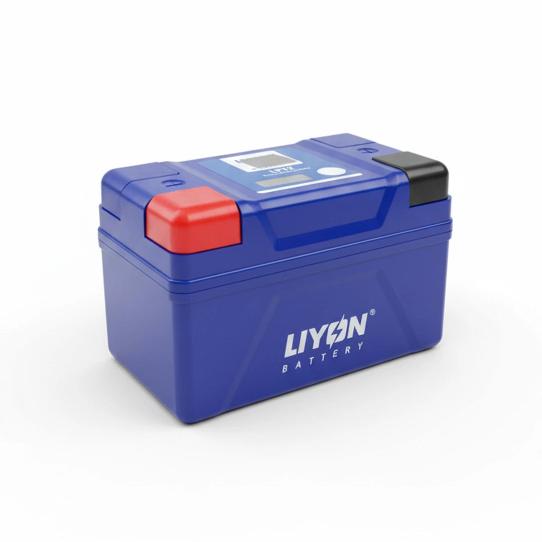 Blue battery with red and black accents on a white background, featuring the LIYON Battery brand.