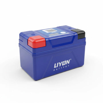 Blue battery with red and black accents on a white background, featuring the LIYON Battery brand.