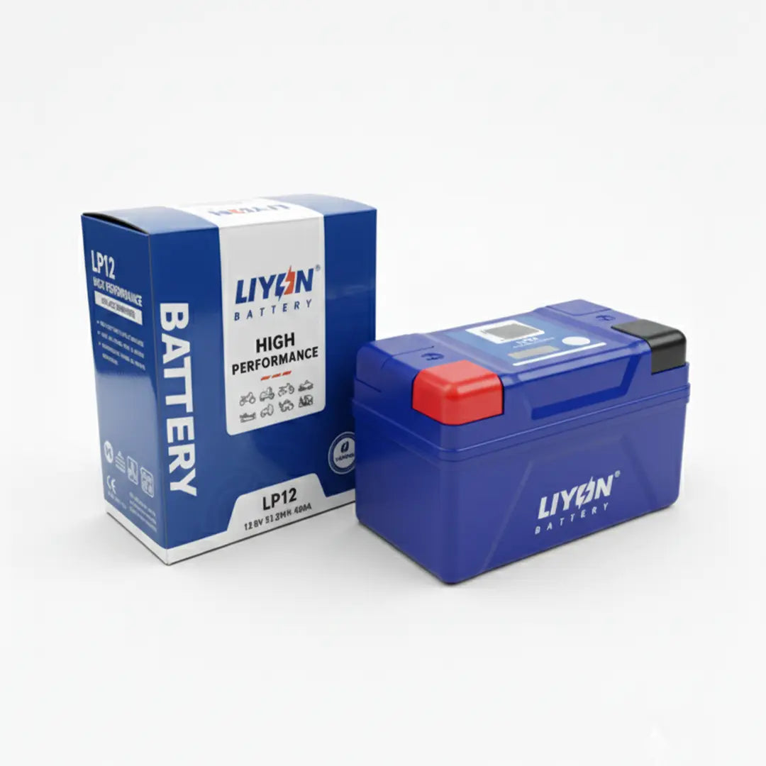 Blue battery with red top and matching box on a white background