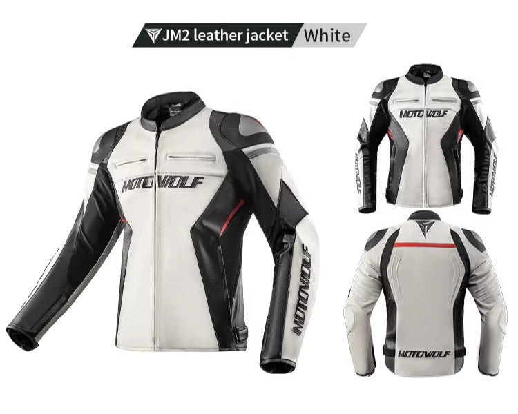 MOTOWOLF JM2 Motorcycle Leather Jacket Windproof Motorcycle Leather Jacket Outdoor Anti-fall Wear-resistant Motorcycle Leather Jacket (White)
