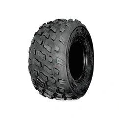 Black off-road tire with tread pattern on a white background