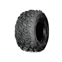 Black off-road tire with tread pattern on a white background