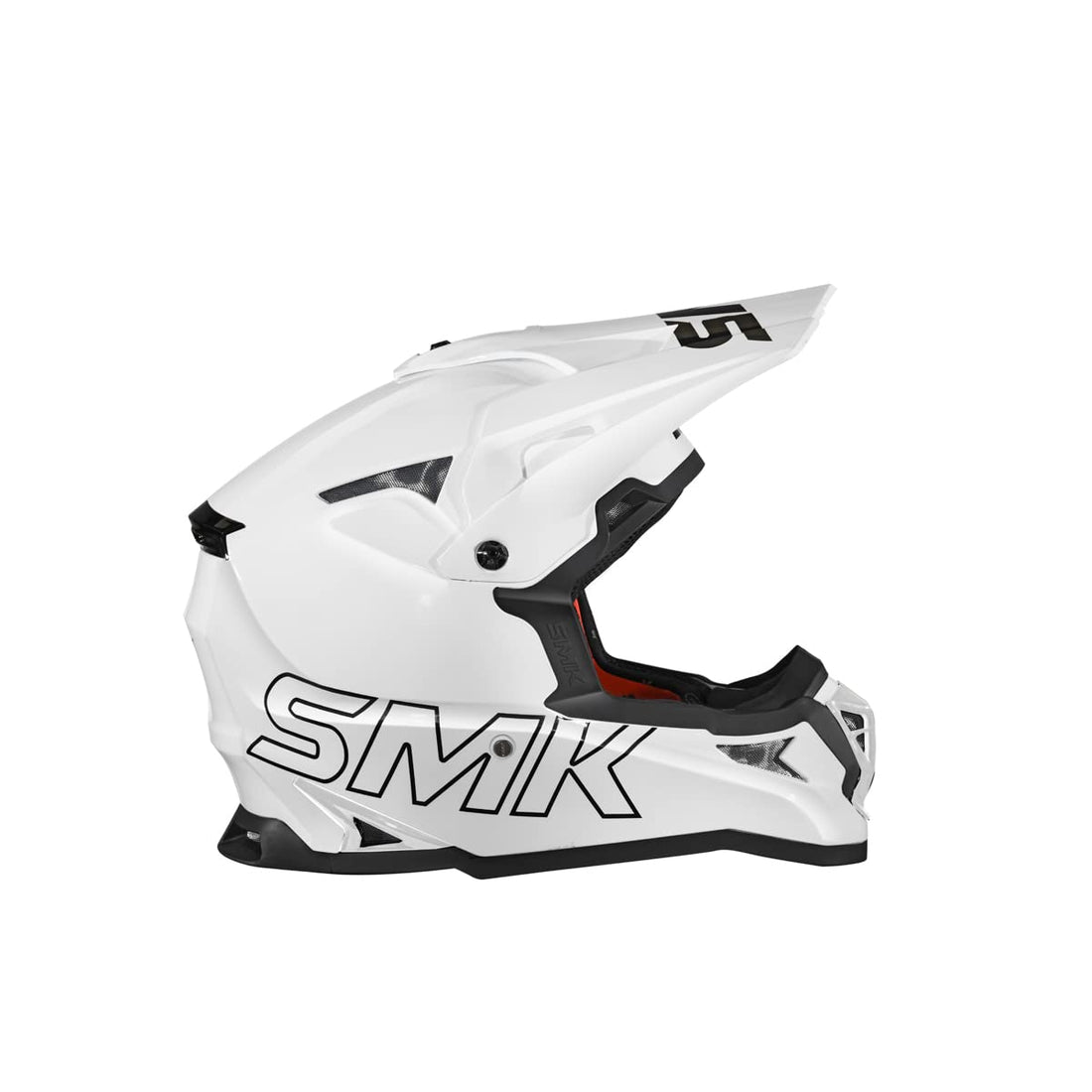 White motocross helmet with black and red interior on a white background