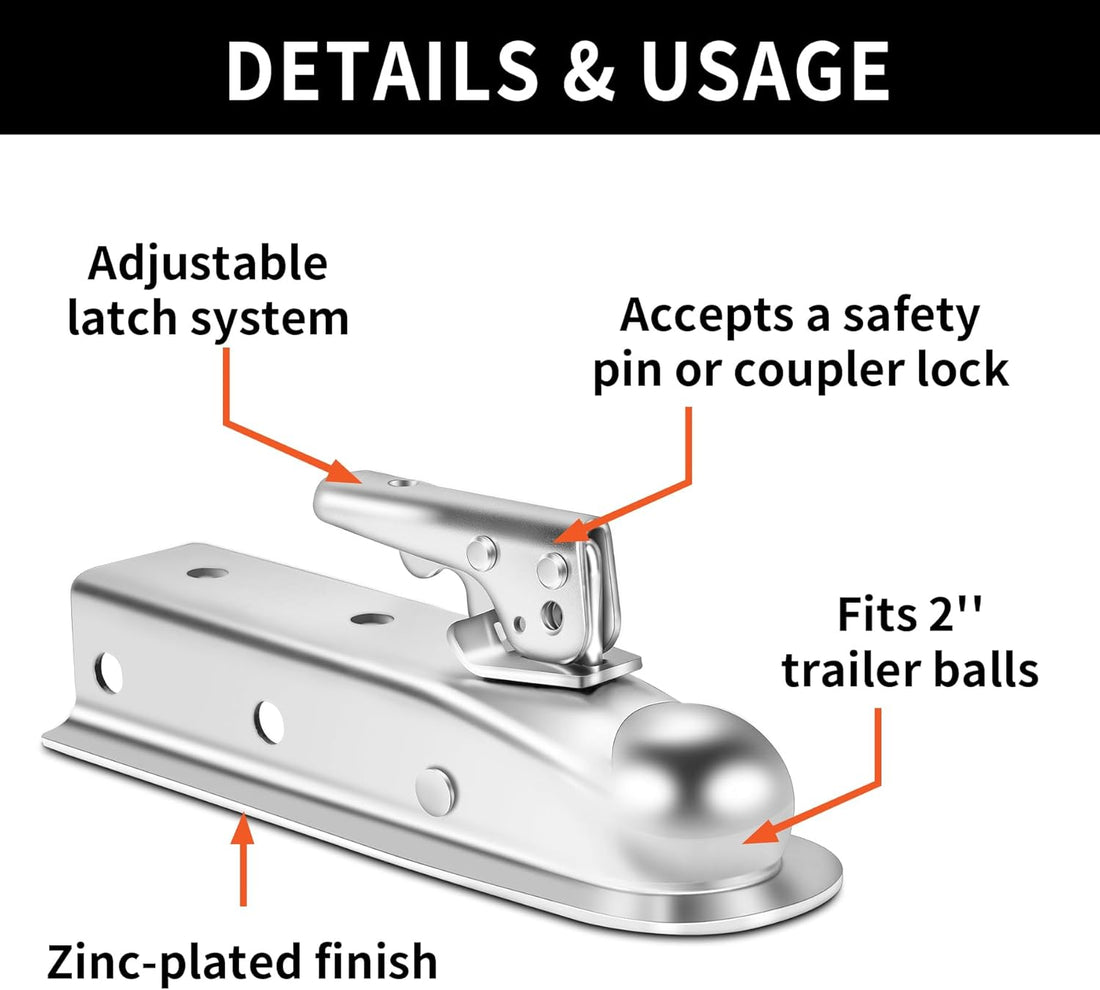Straight Trailer Coupler with Security Latch & Safety Chain – 2" Hitch Ball, 3500 lbs Capacity | Heavy Duty Trailer Tongue Coupler | Motovile Kuwait