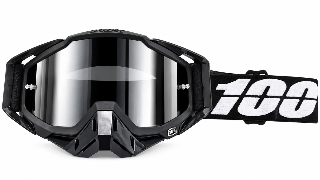 100% Motocross & Off-Road Goggles – Black / Silver Mirror | نظارة دباب 100% أسود بعدسة مراية فضي