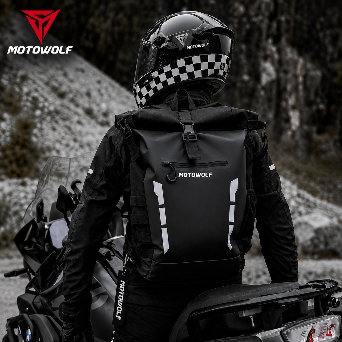 MOTOWOLF MDL0716 Waterproof Motorcycle Backpack | 20–25L Roll-Top Riding Travel Bag | BLACKشنطة ظهر  مقاومة للماء 100% | شنطة سياكل 20–25 لتر |