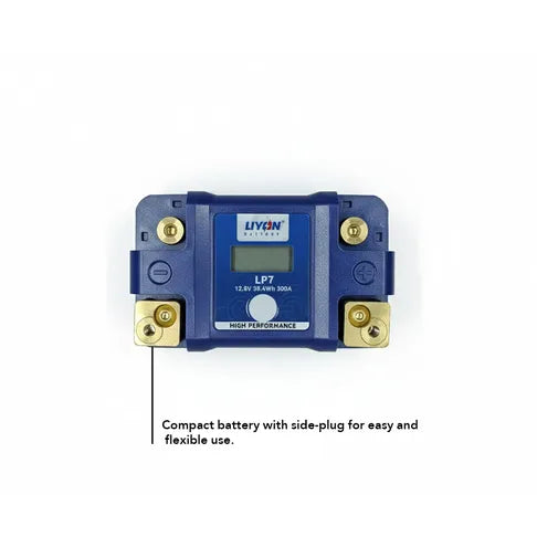 Blue battery and its packaging with 'LYON Battery' branding on a white background