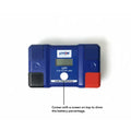 Blue battery and its packaging with 'LYON Battery' branding on a white background