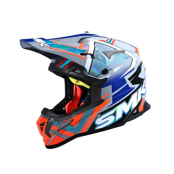 Colorful motocross helmet with 'Sax' branding on a white background
