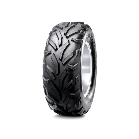 Off-road tire with prominent tread pattern on a white background