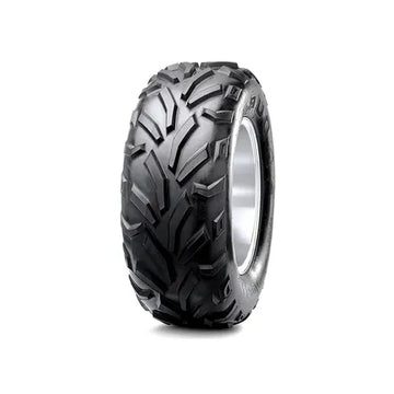 Off-road tire with prominent tread pattern on a white background