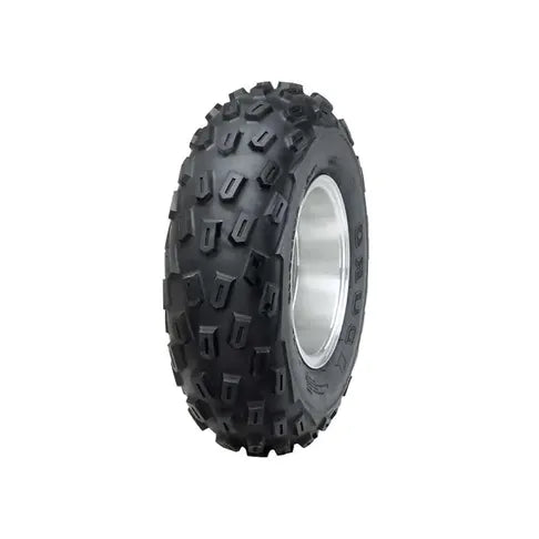 Black off-road tire with tread pattern on a white background
