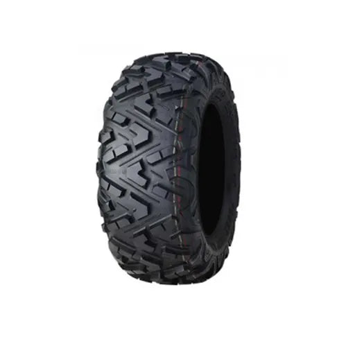 Off-road tire with prominent tread pattern on a white background