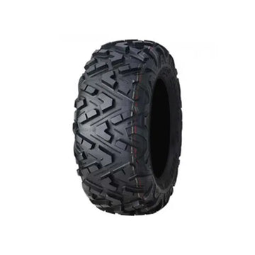 Off-road tire with prominent tread pattern on a white background