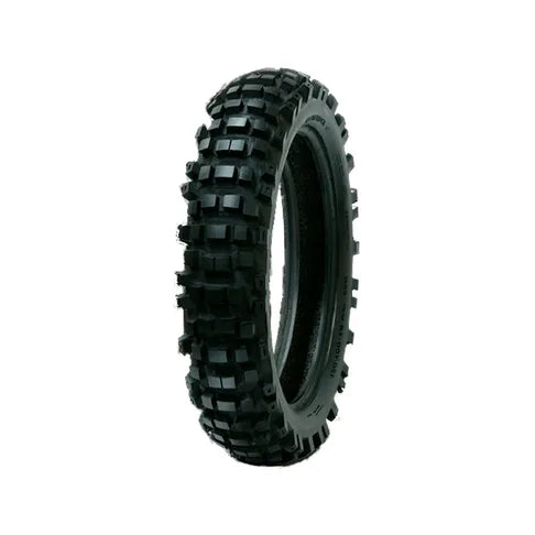 Black off-road tire with tread pattern on a white background