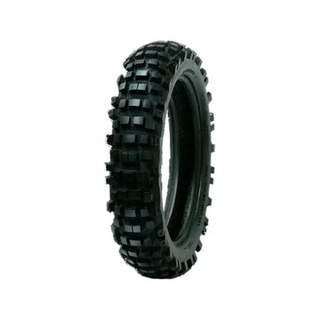 Black off-road tire with tread pattern on a white background