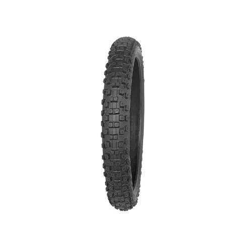 Black tire with tread pattern on a white background