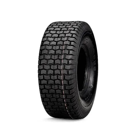 Black tire with tread pattern on a white background