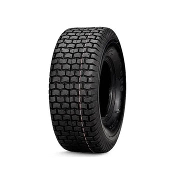 Black tire with tread pattern on a white background