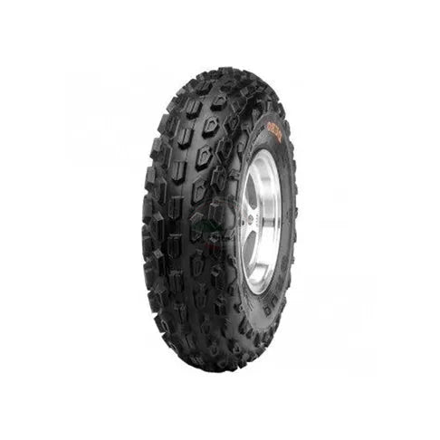 Off-road tire with tread pattern on a white background