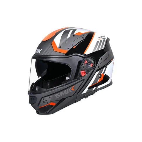 Black, orange, and white motorcycle helmet with SMK branding on a white background