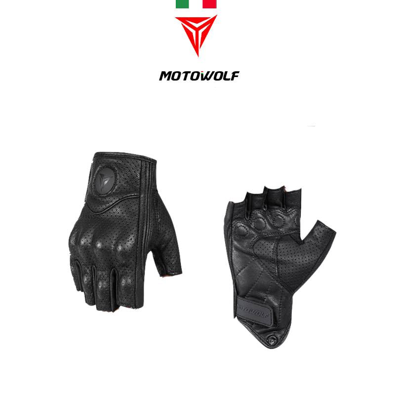 MOTOWOLF 0302B Leather Half-Finger Motorcycle Riding Gloves | Carbon Fiber Reinforced TPU Knuckle Protection | Black