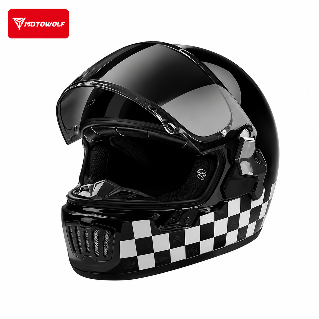 MOTOWOLF Classic Retro Motorcycle Helmet – Gloss Black Checker | Premium Full Face Helmet Kuwait