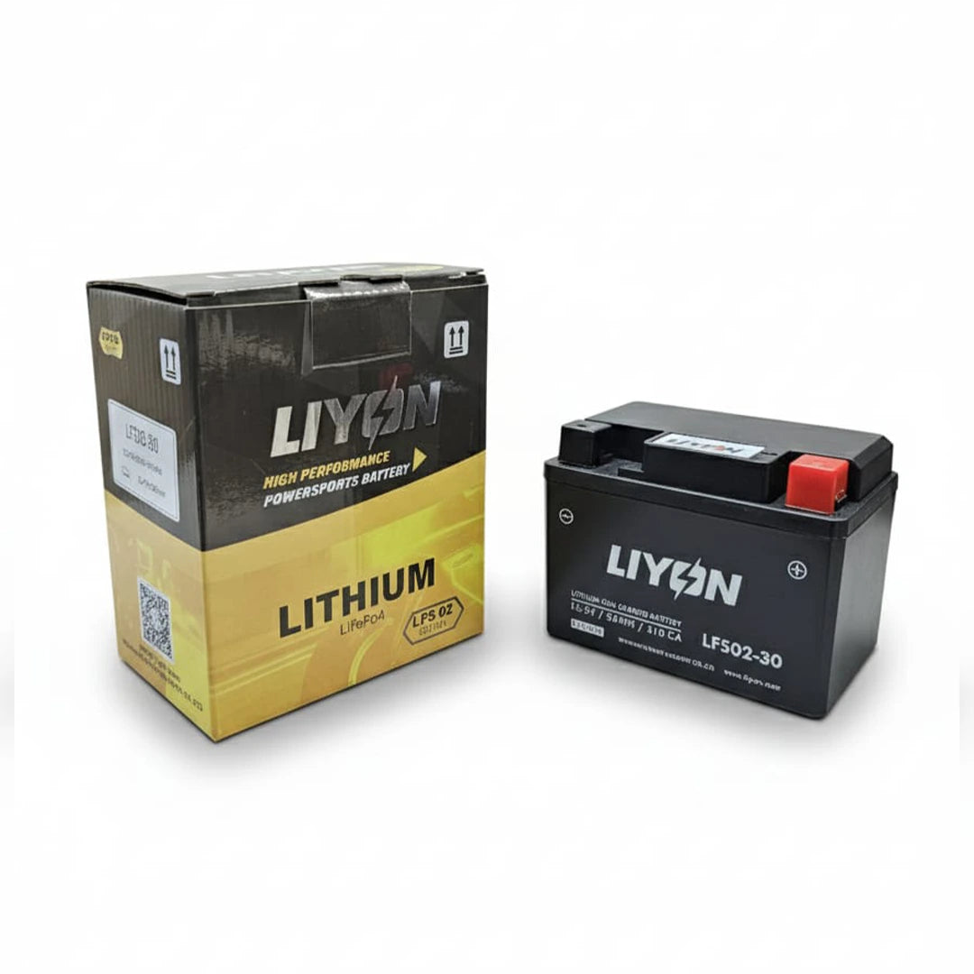 LYON lithium battery and its packaging on a white background