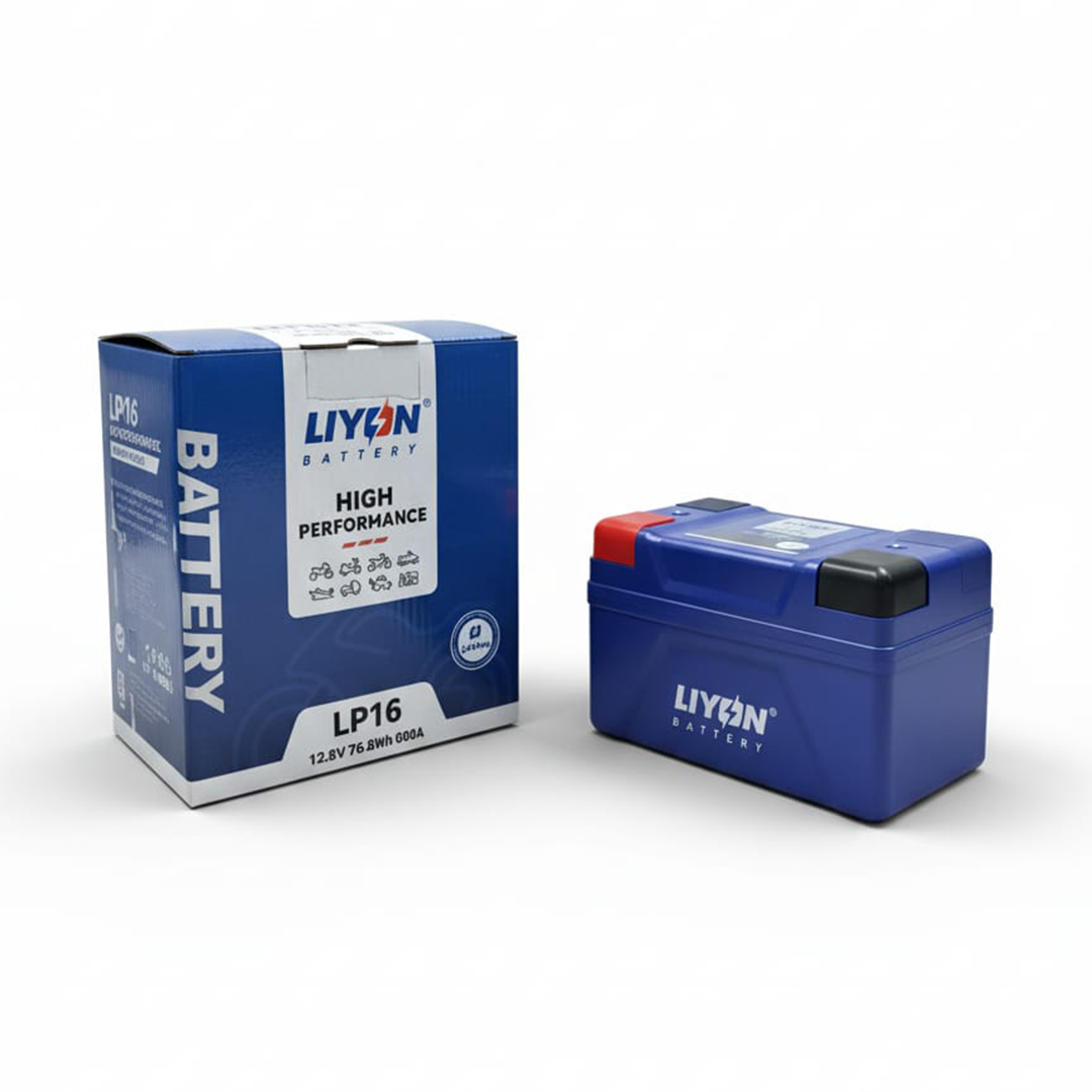 Blue lithium-ion battery with packaging on a white background