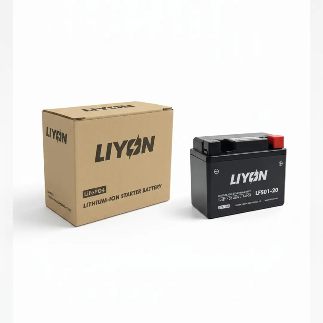 LYION lithium-ion starter battery and its packaging on a white background