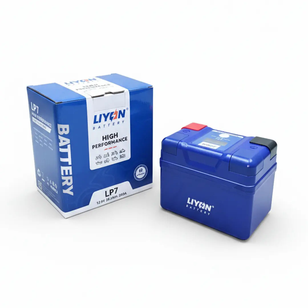 Blue battery and its packaging with 'LYON Battery' branding on a white background