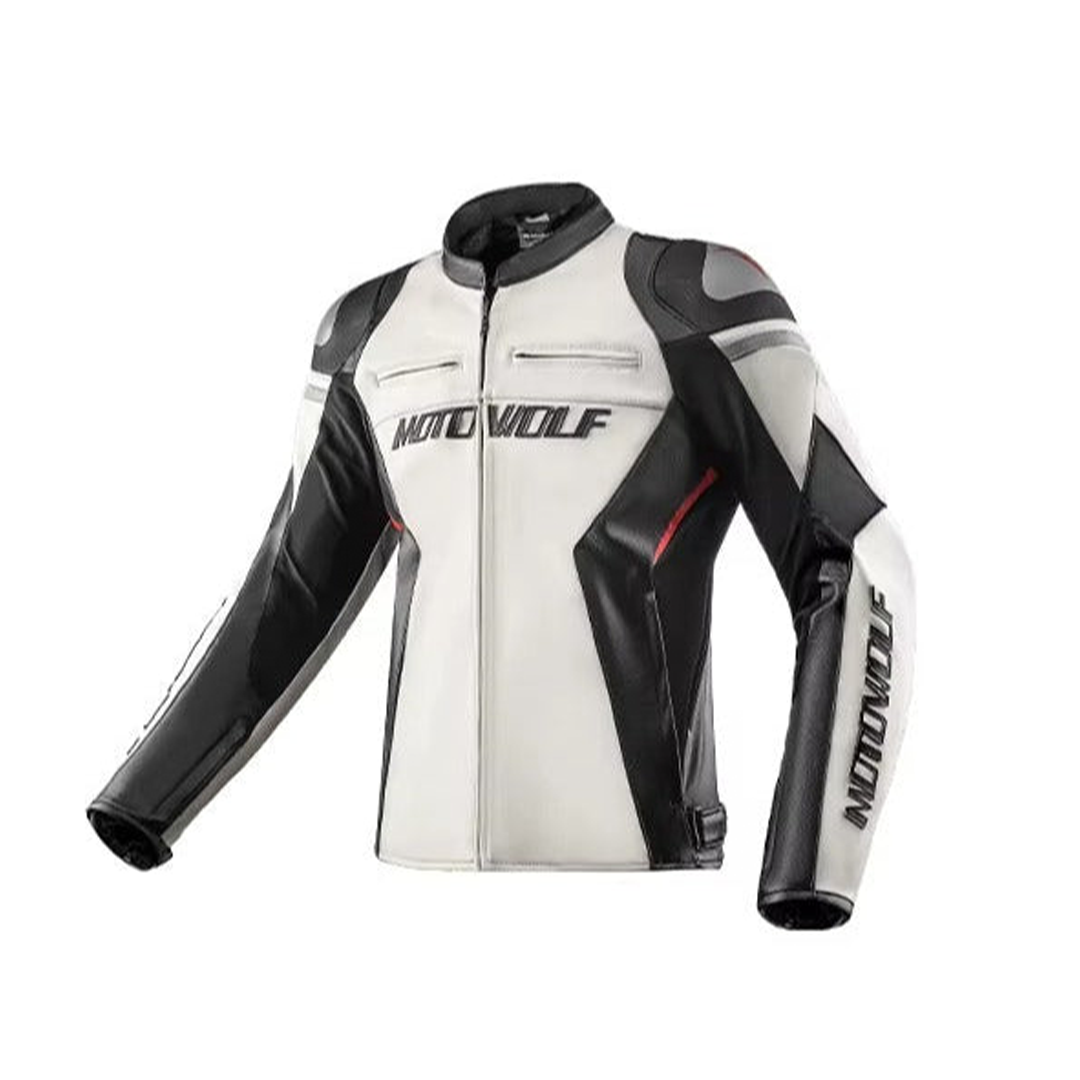 Motowolf JM2 Motorcycle Leather Jacket – All-Season Windproof Riding Gear (Black & White)