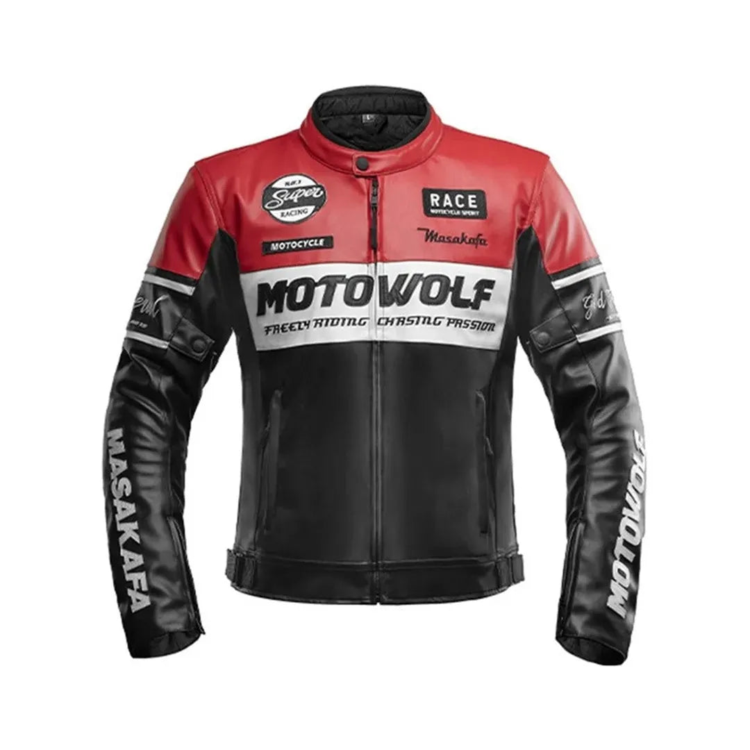 Motowolf JM1 Thermal Leather Motorcycle Jacket – Windproof Winter Riding Gear (Black & Red)