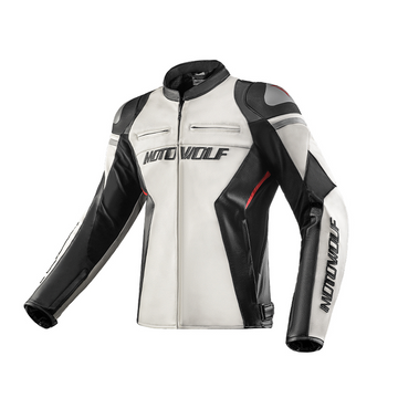 MOTOWOLF JM2 Motorcycle Leather Jacket Windproof Motorcycle Leather Jacket Outdoor Anti-fall Wear-resistant Motorcycle Leather Jacket (White)