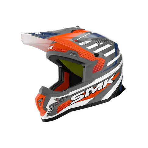 SMK motocross helmet with orange, gray, and white design on a white background
