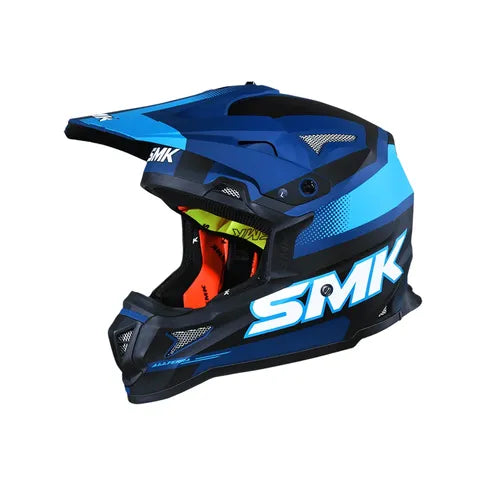 Blue and black SMK motocross helmet on a white background