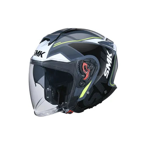 Motorcycle helmet with clear visor on a white background