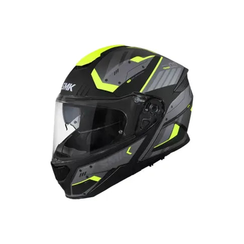 Black and gray motorcycle helmet with yellow accents on a white background