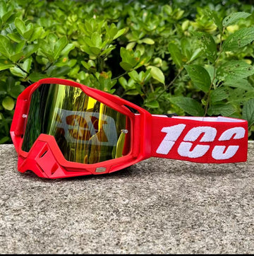 100% Motocross & Off-Road Goggles – Red / Gold Mirror | نظارة دباب 100% أحمر بعدسة مراية ذهبي