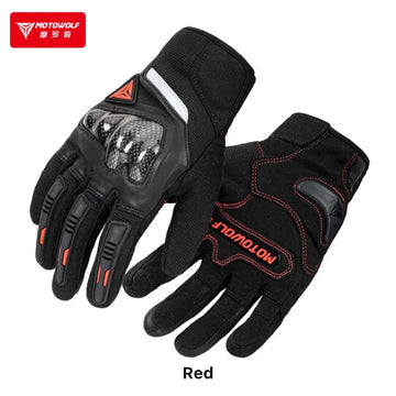MOTOWOLF MDL0333B Full Finger Motorcycle Riding Gloves | Carbon Fiber Knuckle Protection | Touchscreen | Black/Red