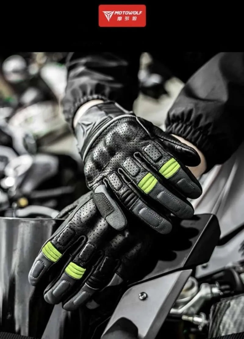 Motowolf Four Seasons Motorcycle Riding Gloves Sheepskin Carbon Fibre Fall Prevention Touch Screen Windproof Full Finger Gloves
