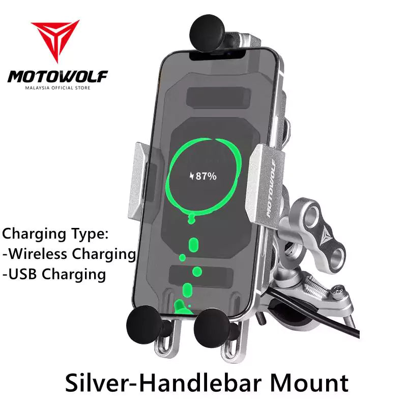 MOTOWOLF Premium Phone Holder Mobile Stand Motorcycle Wireless Charging Handphone USB Wired Charge Motor - Motovile